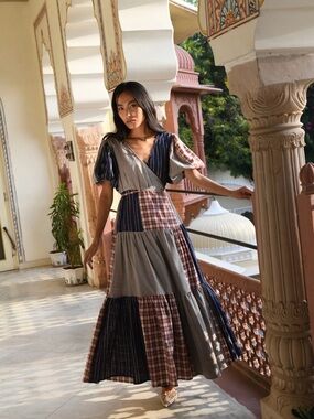 Daughters of India Poet Patchwork Maxi Dress in Navy, Brown & Cream